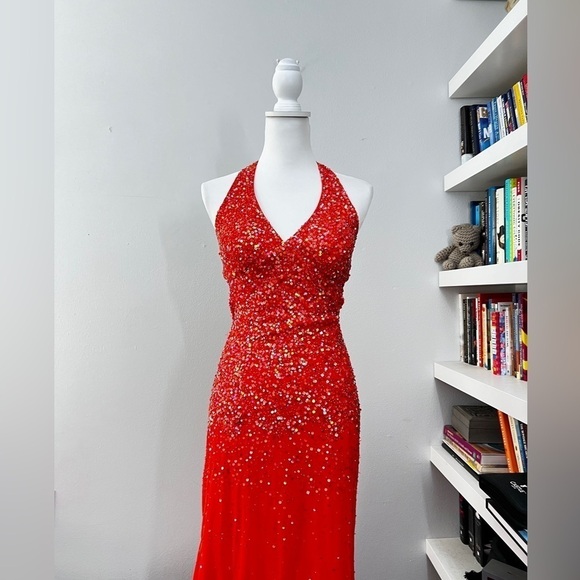 Cache Coral sequin Sparkle Halter Backless Gown size 2 - Picture 2 of 15